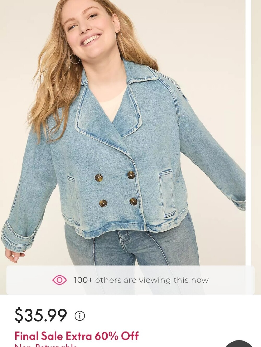 Lane Bryant Light Blue Cropped Double-Breasted Denim Jacket